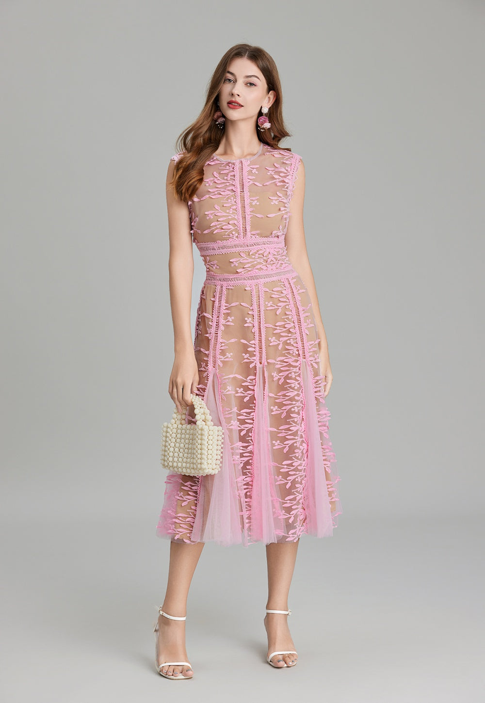 CM-DY020339 Women Elegant European Style Embroidery Gauze Pinched Waist Dress - Pink