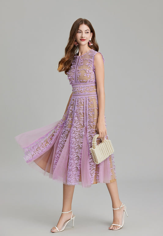 CM-DY020339 Women Elegant European Style Embroidery Gauze Pinched Waist Dress - Purple