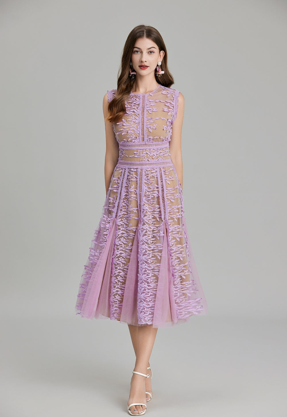 CM-DY020339 Women Elegant European Style Embroidery Gauze Pinched Waist Dress - Purple