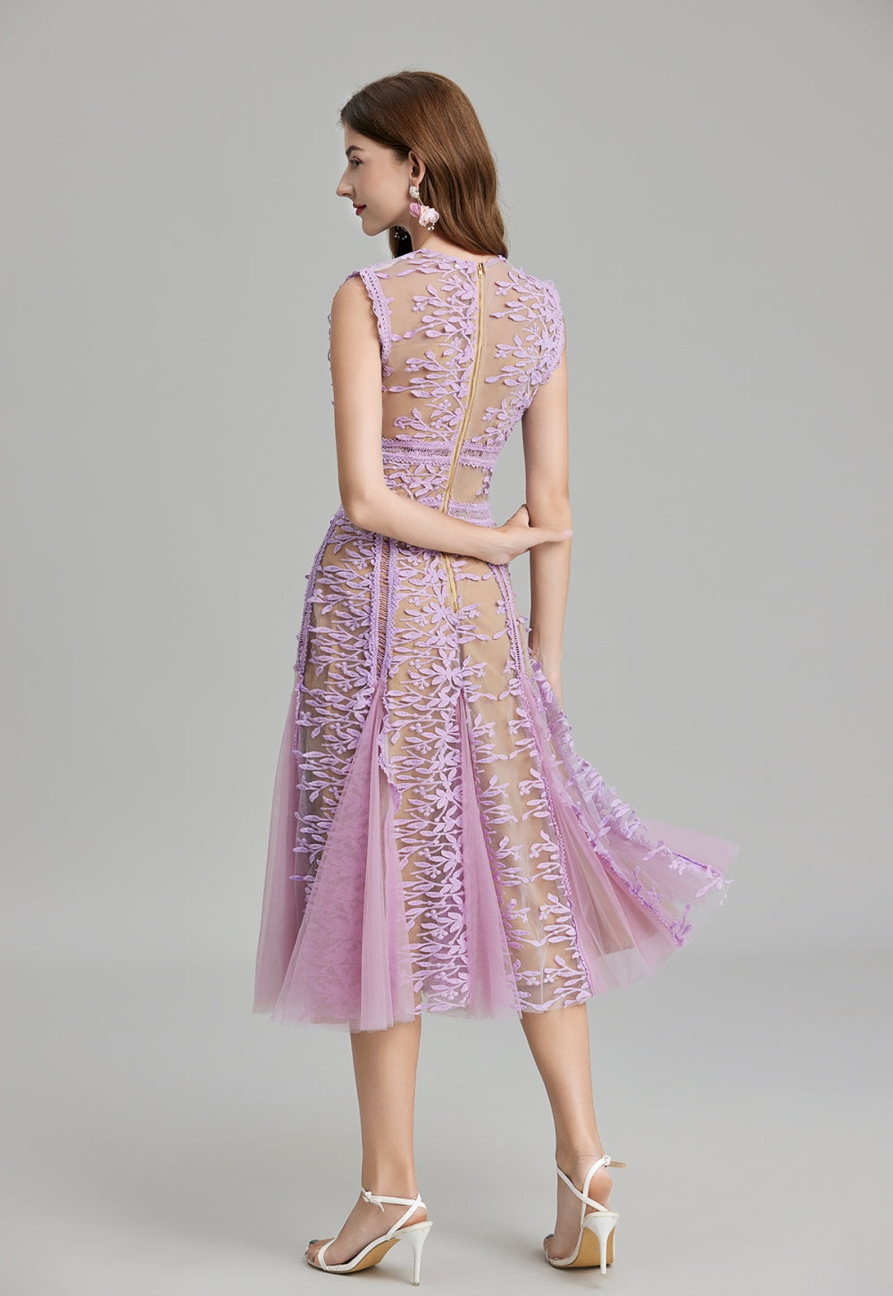 CM-DY020339 Women Elegant European Style Embroidery Gauze Pinched Waist Dress - Purple