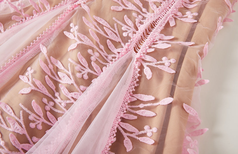CM-DY020339 Women Elegant European Style Embroidery Gauze Pinched Waist Dress - Pink