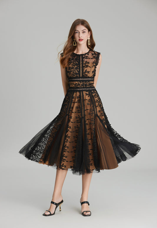 CM-DY020339 Women Elegant European Style Embroidery Gauze Pinched Waist Dress - Black