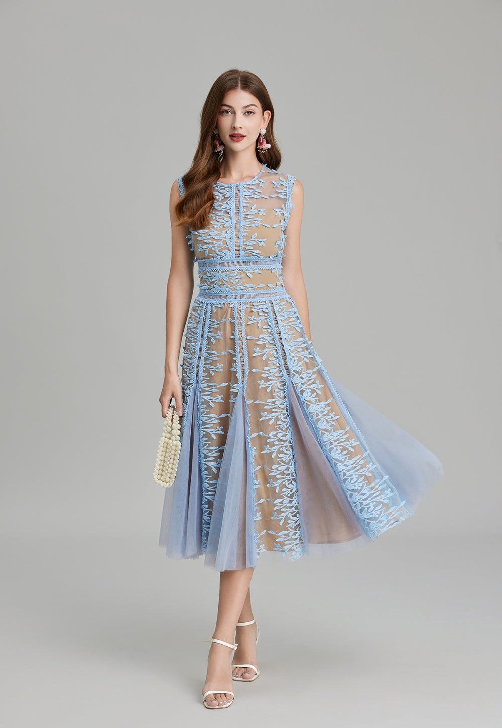 CM-DY020339 Women Elegant European Style Embroidery Gauze Pinched Waist Dress - Blue