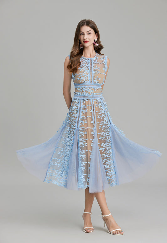 CM-DY020339 Women Elegant European Style Embroidery Gauze Pinched Waist Dress - Blue