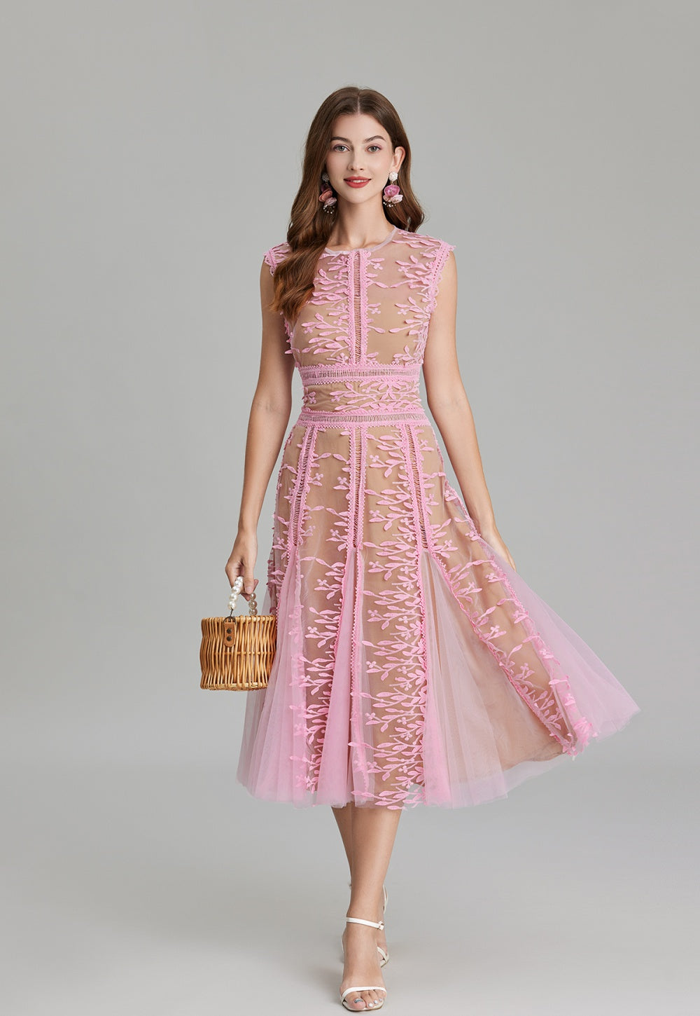 CM-DY020339 Women Elegant European Style Embroidery Gauze Pinched Waist Dress - Pink
