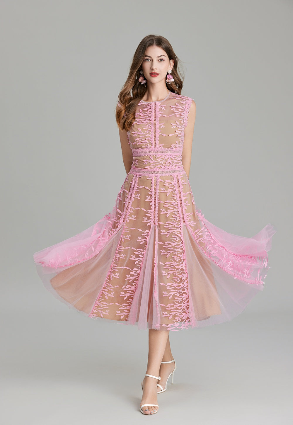 CM-DY020339 Women Elegant European Style Embroidery Gauze Pinched Waist Dress - Pink