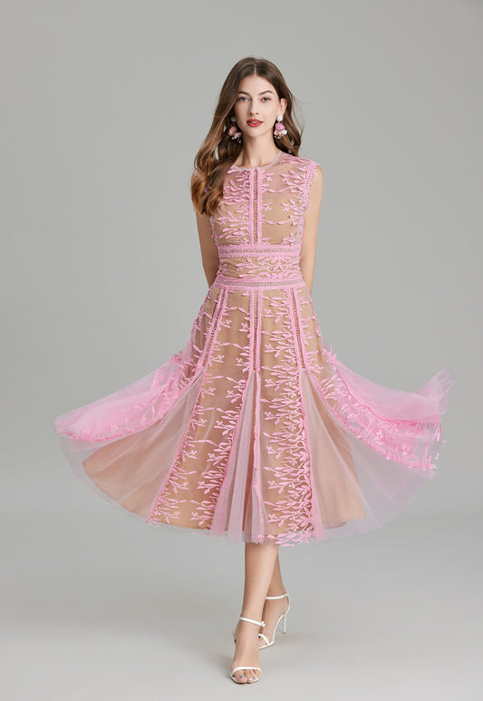 CM-DY020339 Women Elegant European Style Embroidery Gauze Pinched Waist Dress - Pink
