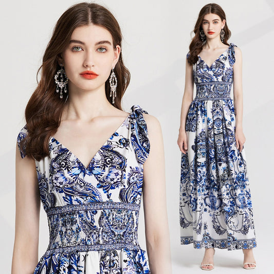 CM-DY020340 Women Elegnat European Style V-Neck Sleevless Elastic High Waist Maxi Dress - Blue