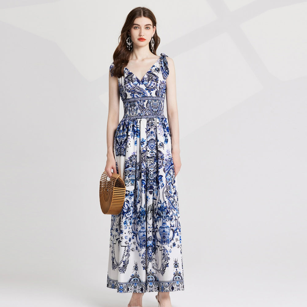 CM-DY020340 Women Elegnat European Style V-Neck Sleevless Elastic High Waist Maxi Dress - Blue