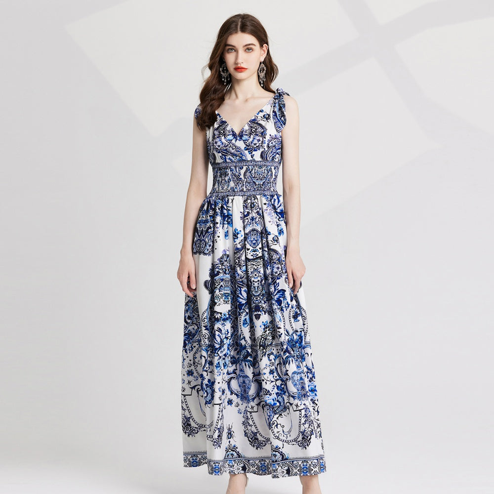CM-DY020340 Women Elegnat European Style V-Neck Sleevless Elastic High Waist Maxi Dress - Blue