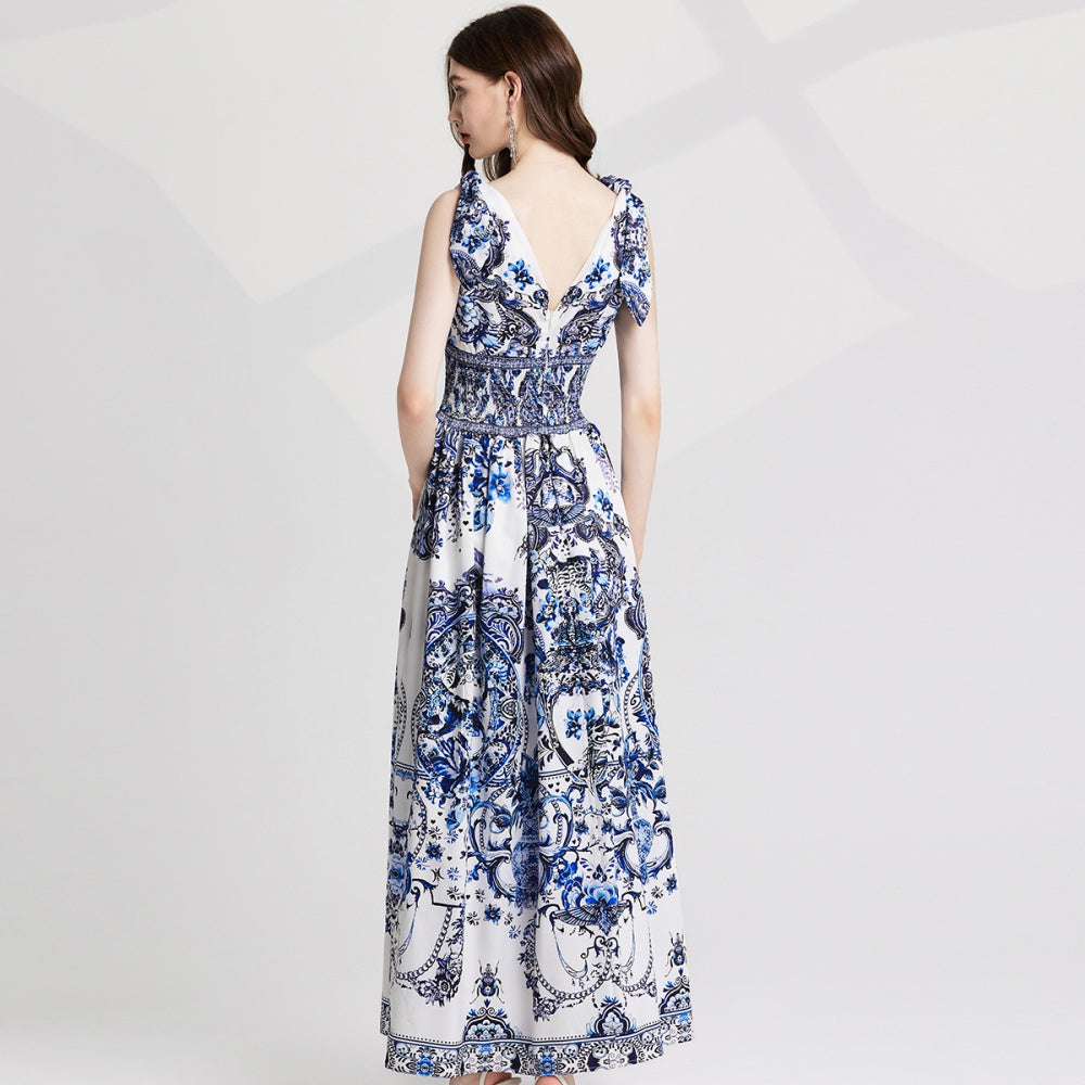 CM-DY020340 Women Elegnat European Style V-Neck Sleevless Elastic High Waist Maxi Dress - Blue
