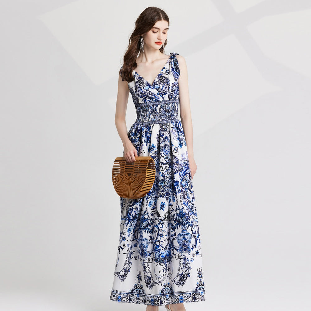 CM-DY020340 Women Elegnat European Style V-Neck Sleevless Elastic High Waist Maxi Dress - Blue