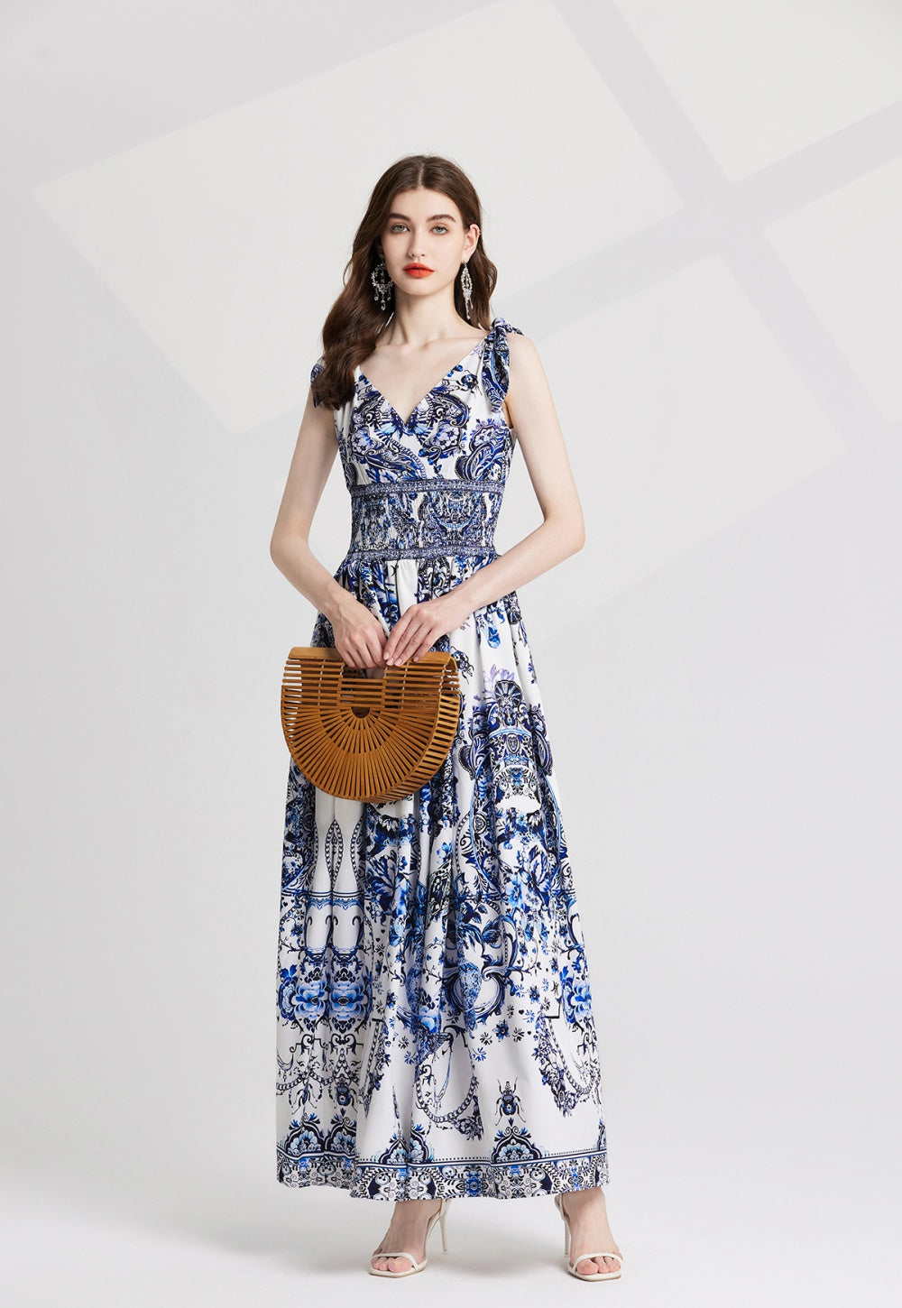 CM-DY020340 Women Elegnat European Style V-Neck Sleevless Elastic High Waist Maxi Dress - Blue
