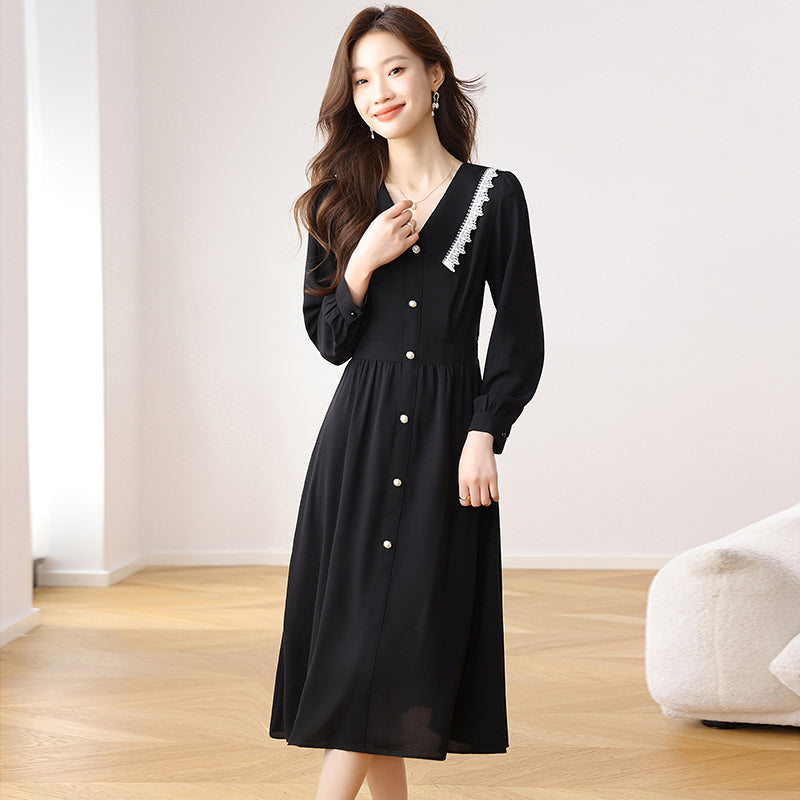 CM-DY021169 Women Elegant Seoul Style Chiffon Doll Collar Long Sleeve Midi Dress - Black