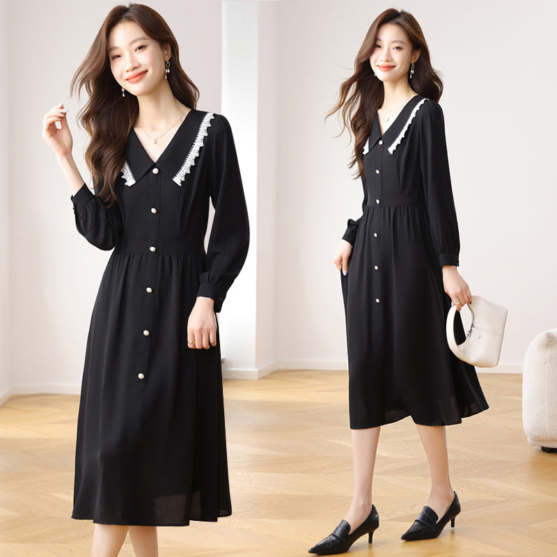 CM-DY021169 Women Elegant Seoul Style Chiffon Doll Collar Long Sleeve Midi Dress - Black
