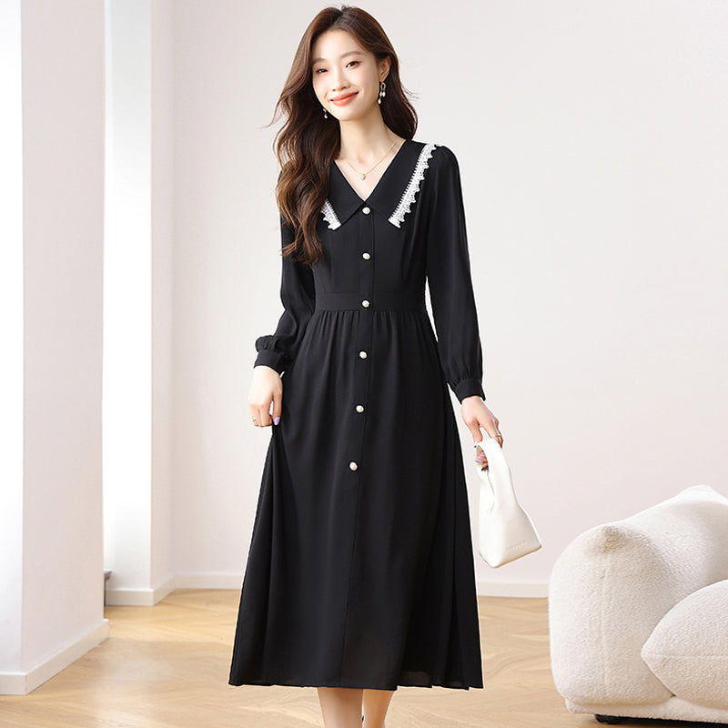 CM-DY021169 Women Elegant Seoul Style Chiffon Doll Collar Long Sleeve Midi Dress - Black