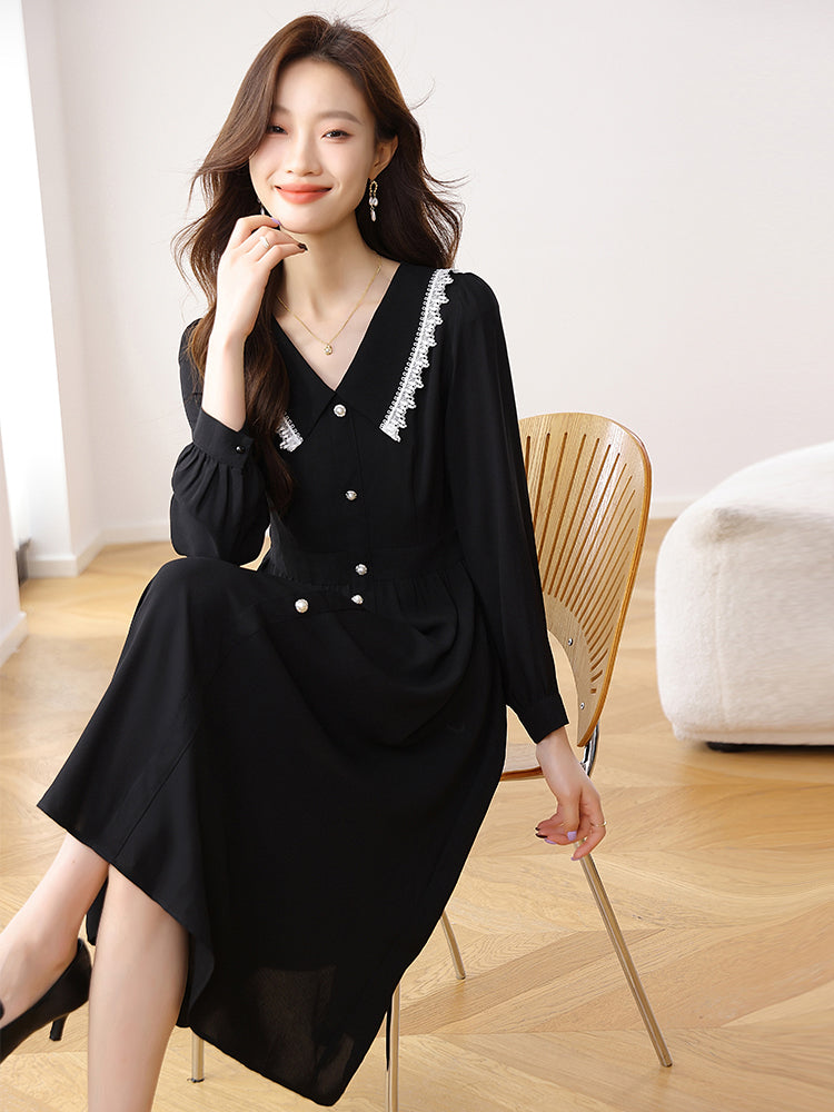 CM-DY021169 Women Elegant Seoul Style Chiffon Doll Collar Long Sleeve Midi Dress - Black