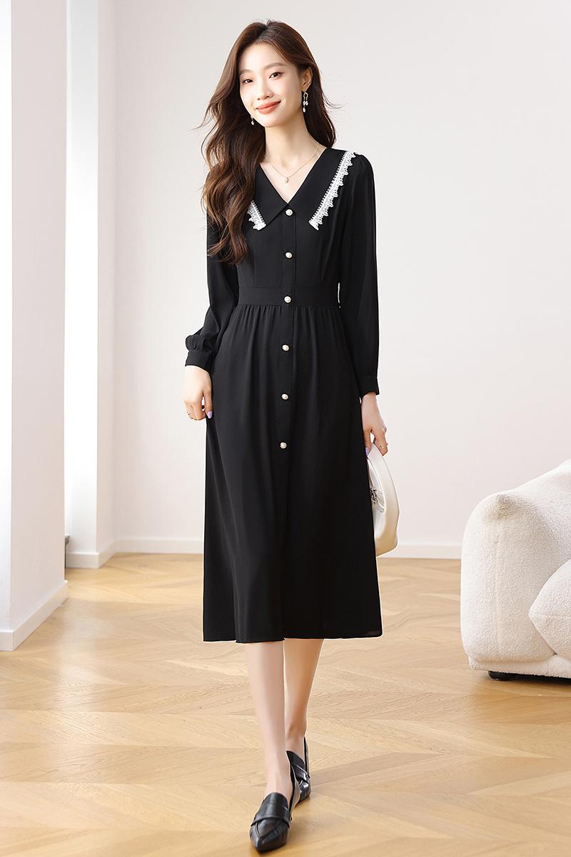 CM-DY021169 Women Elegant Seoul Style Chiffon Doll Collar Long Sleeve Midi Dress - Black