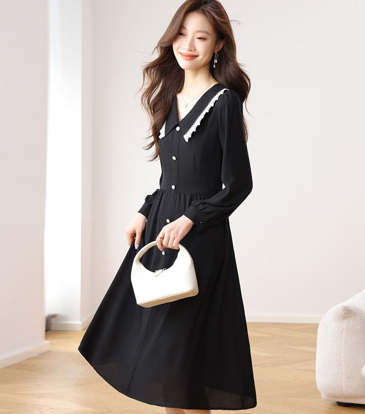 CM-DY021169 Women Elegant Seoul Style Chiffon Doll Collar Long Sleeve Midi Dress - Black