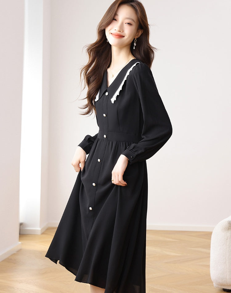 CM-DY021169 Women Elegant Seoul Style Chiffon Doll Collar Long Sleeve Midi Dress - Black