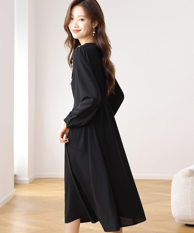 CM-DY021169 Women Elegant Seoul Style Chiffon Doll Collar Long Sleeve Midi Dress - Black