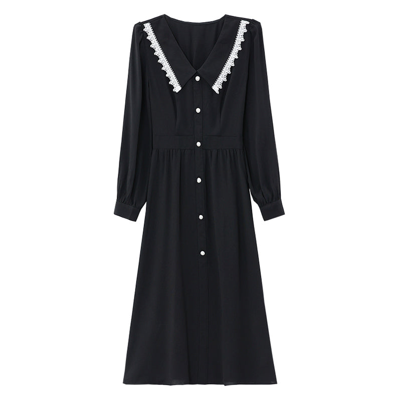 CM-DY021169 Women Elegant Seoul Style Chiffon Doll Collar Long Sleeve Midi Dress - Black