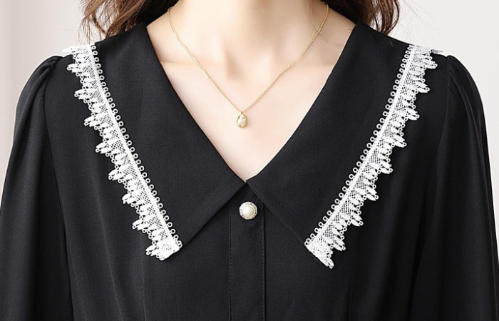 CM-DY021169 Women Elegant Seoul Style Chiffon Doll Collar Long Sleeve Midi Dress - Black