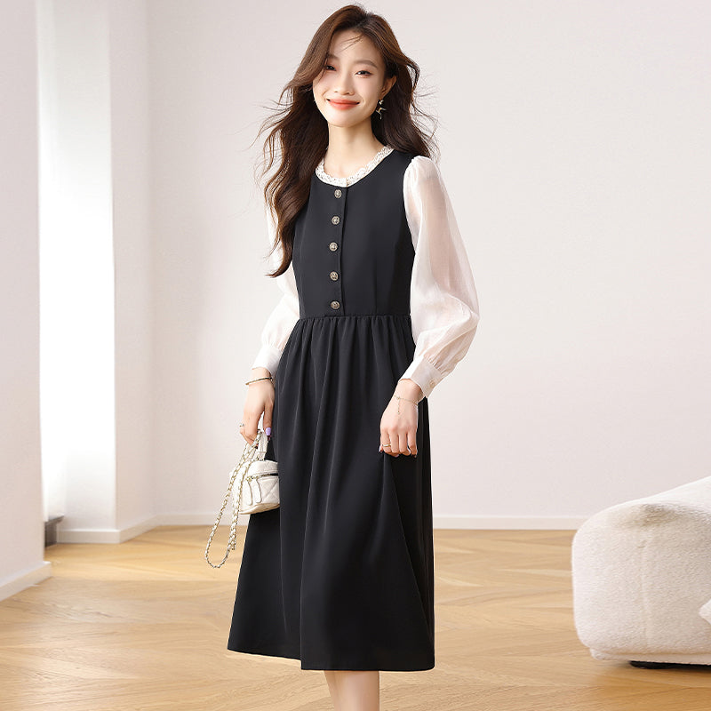 CM-DY021170 Women Elegant Seoul Style Round Neck Puff Sleeve High Waist Velvet Dress - Black