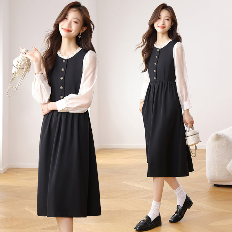 CM-DY021170 Women Elegant Seoul Style Round Neck Puff Sleeve High Waist Velvet Dress - Black