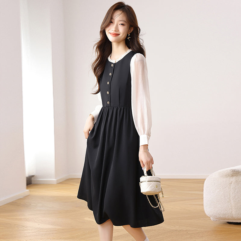 CM-DY021170 Women Elegant Seoul Style Round Neck Puff Sleeve High Waist Velvet Dress - Black