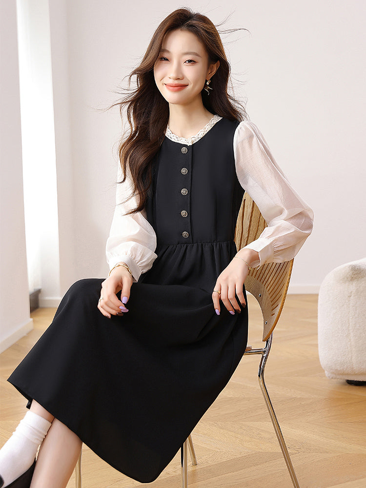 CM-DY021170 Women Elegant Seoul Style Round Neck Puff Sleeve High Waist Velvet Dress - Black