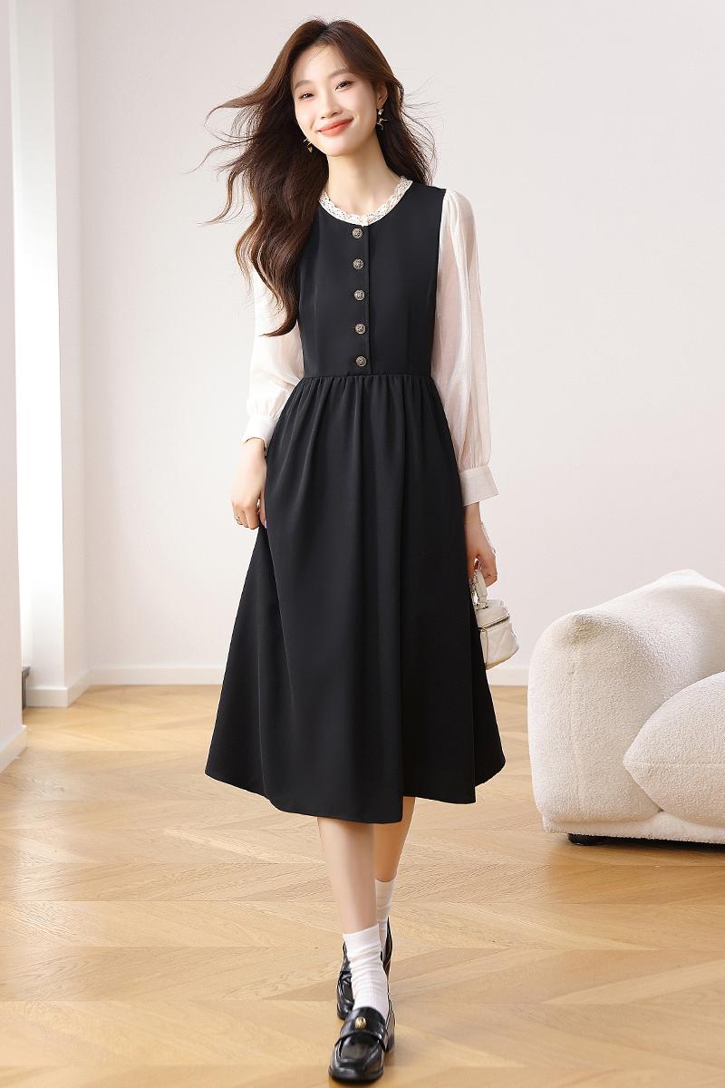 CM-DY021170 Women Elegant Seoul Style Round Neck Puff Sleeve High Waist Velvet Dress - Black