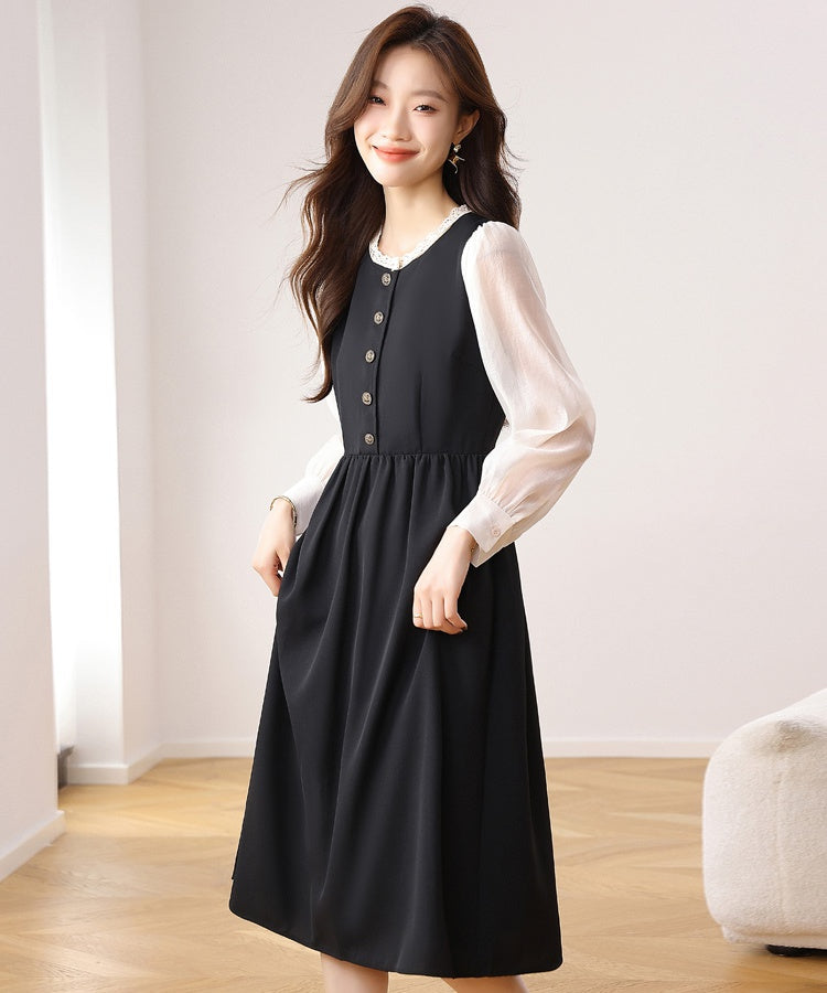 CM-DY021170 Women Elegant Seoul Style Round Neck Puff Sleeve High Waist Velvet Dress - Black