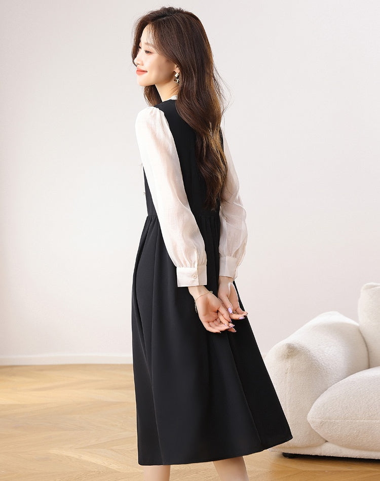 CM-DY021170 Women Elegant Seoul Style Round Neck Puff Sleeve High Waist Velvet Dress - Black