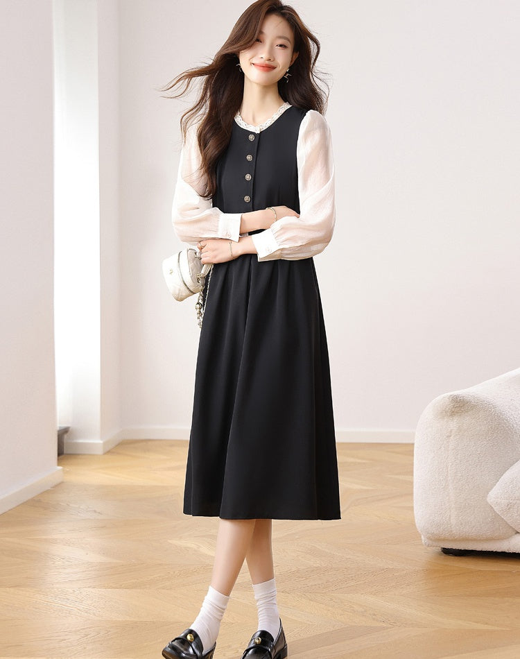 CM-DY021170 Women Elegant Seoul Style Round Neck Puff Sleeve High Waist Velvet Dress - Black
