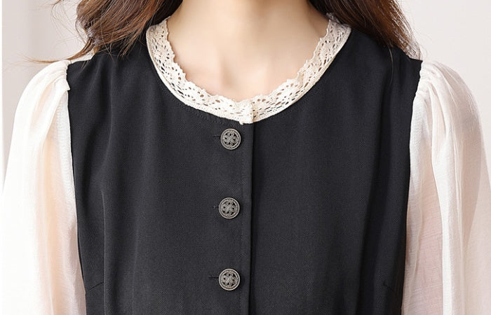 CM-DY021170 Women Elegant Seoul Style Round Neck Puff Sleeve High Waist Velvet Dress - Black