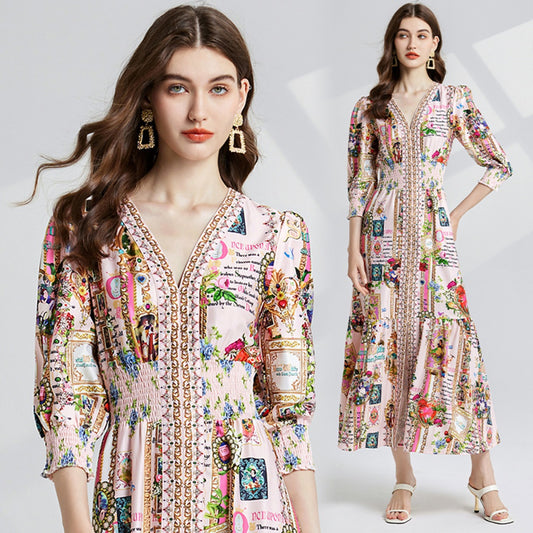 CM-DY021219 Women Casual Seoul Style All-Over Print V-Neck 3/4 Sleeve High Waist Slim Maxi Dress