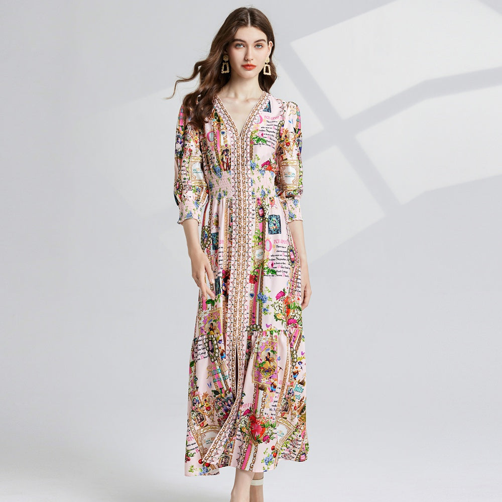 CM-DY021219 Women Casual Seoul Style All-Over Print V-Neck 3/4 Sleeve High Waist Slim Maxi Dress