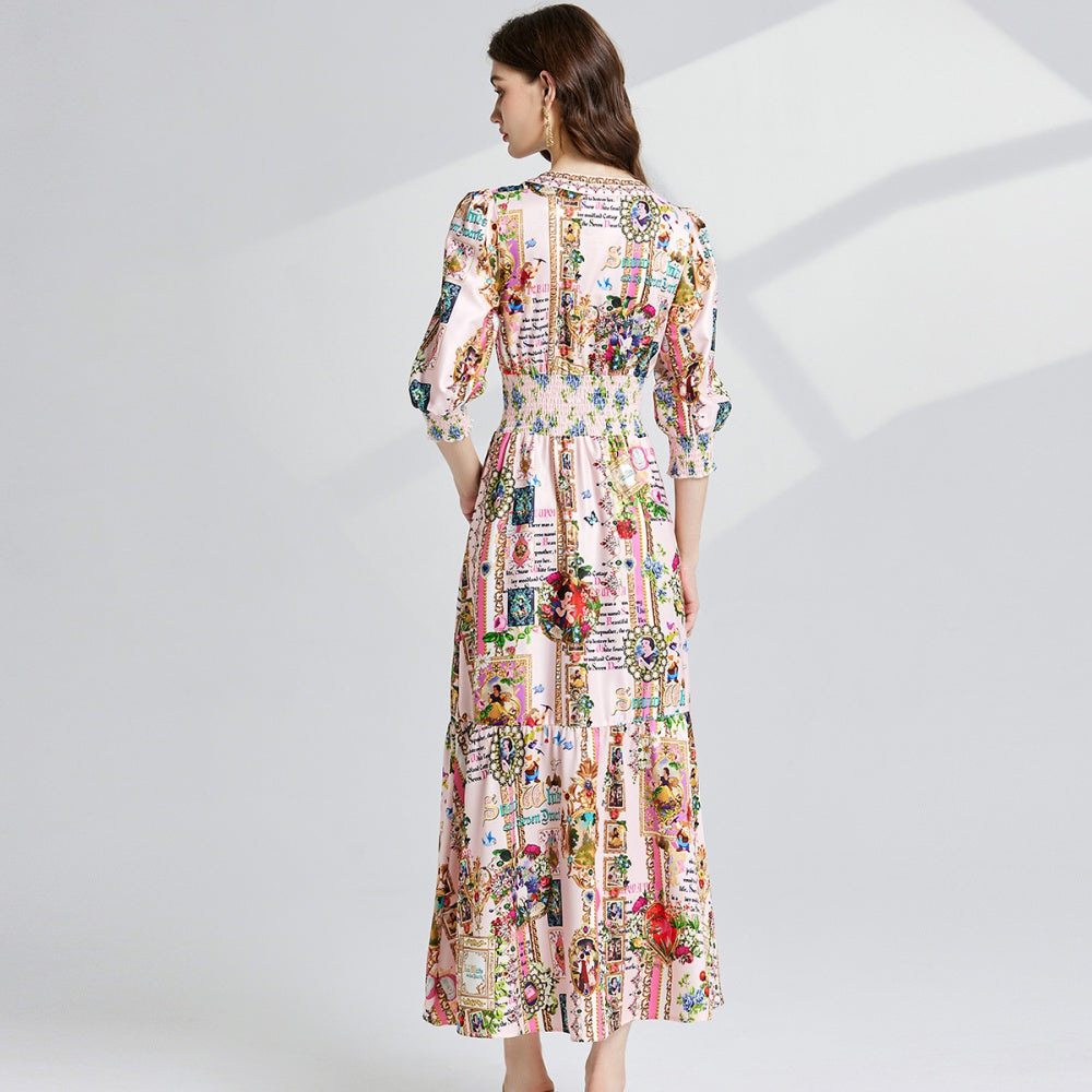 CM-DY021219 Women Casual Seoul Style All-Over Print V-Neck 3/4 Sleeve High Waist Slim Maxi Dress