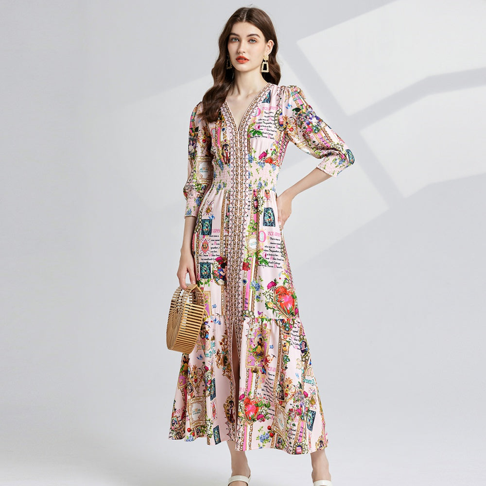 CM-DY021219 Women Casual Seoul Style All-Over Print V-Neck 3/4 Sleeve High Waist Slim Maxi Dress