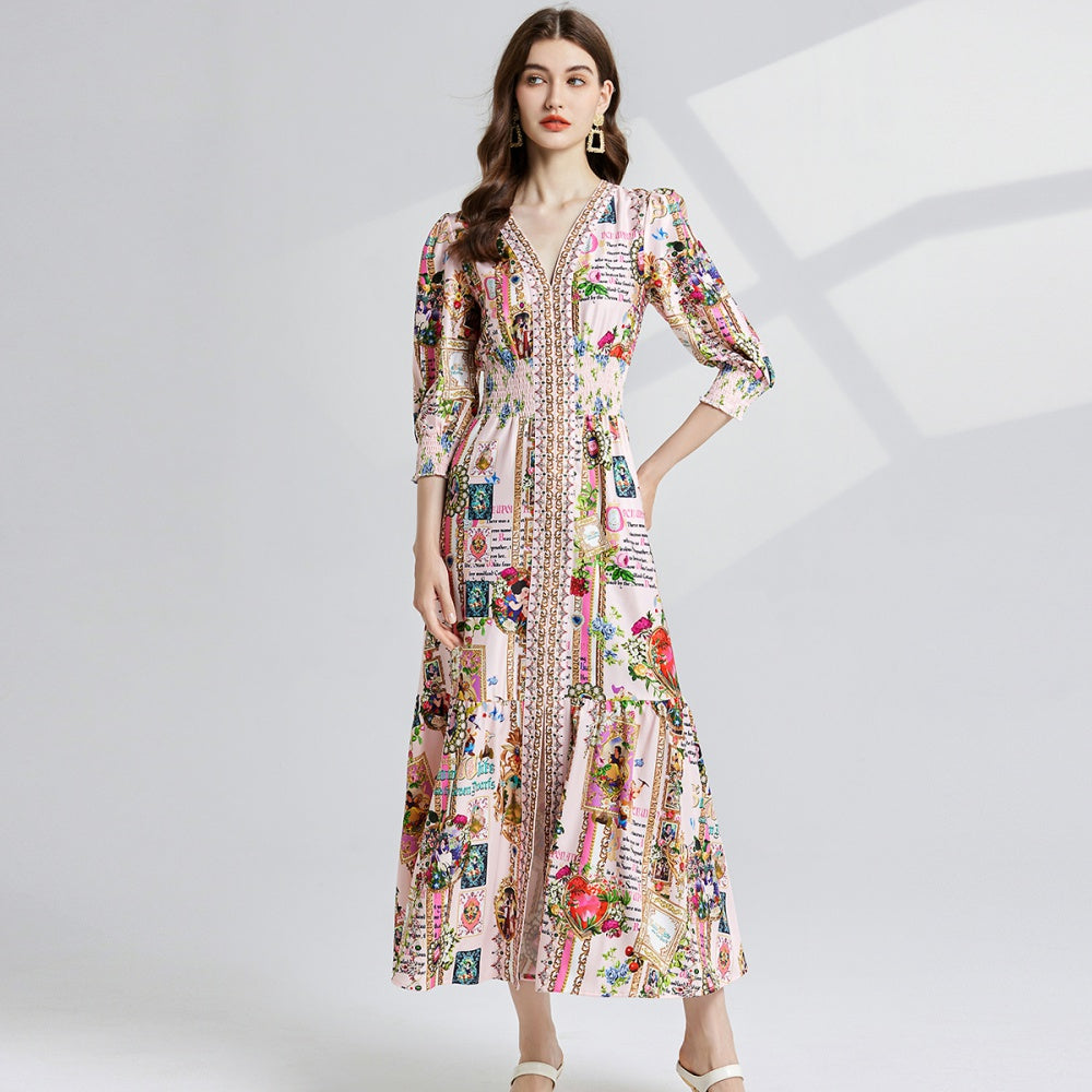 CM-DY021219 Women Casual Seoul Style All-Over Print V-Neck 3/4 Sleeve High Waist Slim Maxi Dress