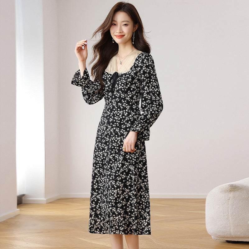 CM-DY021707 Women Casual Seoul Style Floral All-Over Print V-Neck Long Sleeve Midi Dress - Black