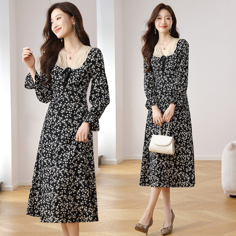 CM-DY021707 Women Casual Seoul Style Floral All-Over Print V-Neck Long Sleeve Midi Dress - Black