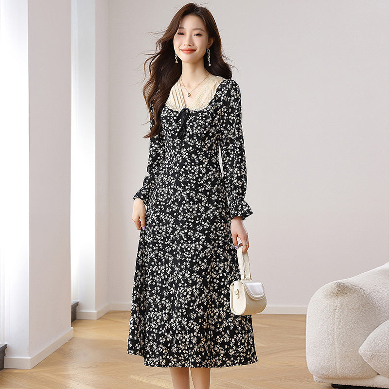 CM-DY021707 Women Casual Seoul Style Floral All-Over Print V-Neck Long Sleeve Midi Dress - Black
