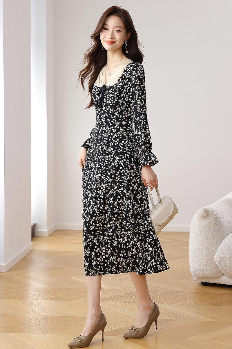 CM-DY021707 Women Casual Seoul Style Floral All-Over Print V-Neck Long Sleeve Midi Dress - Black