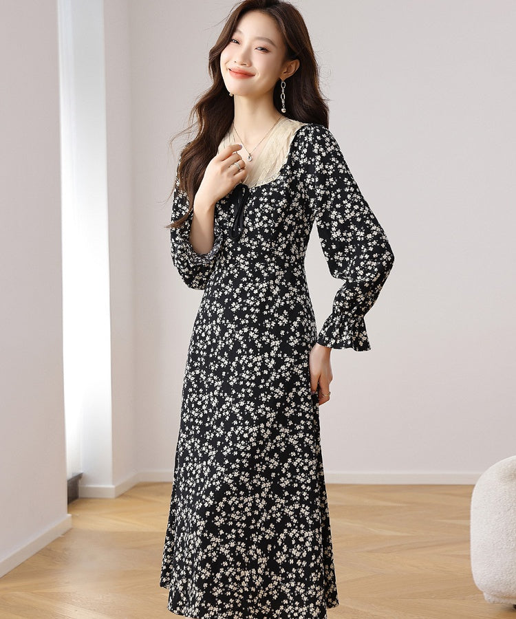 CM-DY021707 Women Casual Seoul Style Floral All-Over Print V-Neck Long Sleeve Midi Dress - Black