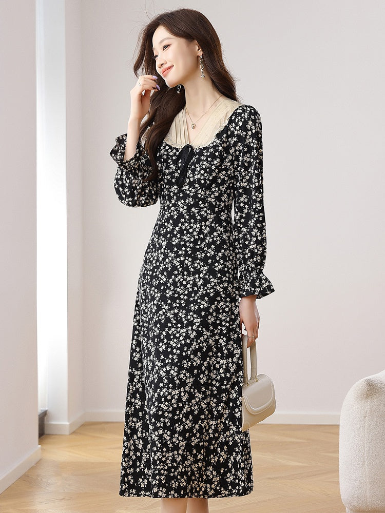 CM-DY021707 Women Casual Seoul Style Floral All-Over Print V-Neck Long Sleeve Midi Dress - Black