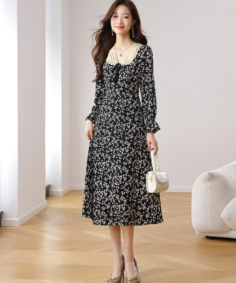 CM-DY021707 Women Casual Seoul Style Floral All-Over Print V-Neck Long Sleeve Midi Dress - Black