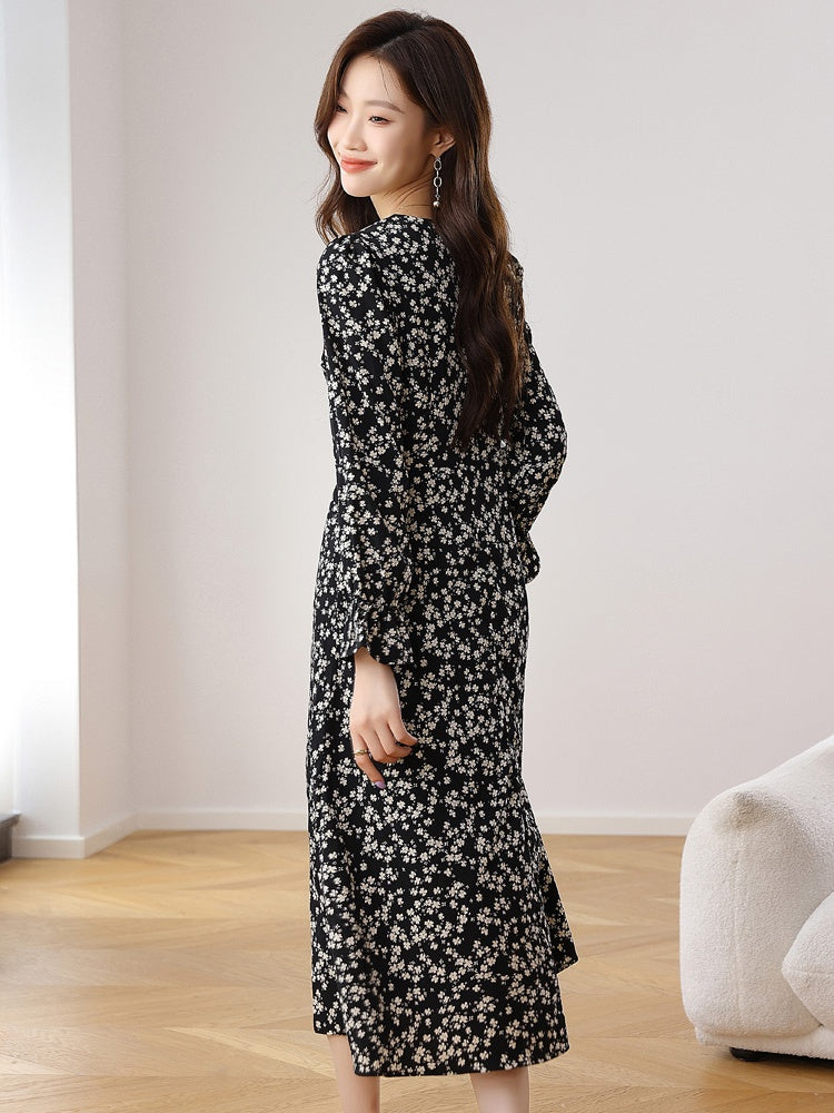 CM-DY021707 Women Casual Seoul Style Floral All-Over Print V-Neck Long Sleeve Midi Dress - Black