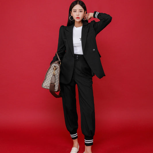 CM-SY022143 Women Elegant European Style Lapel Neckline Long Sleeve Coat With Long Pants - Set